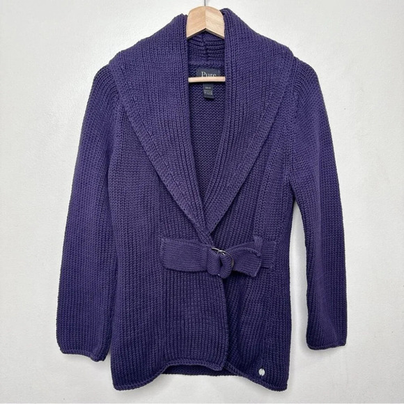 Pure Handknit womens Xsmall/Small Chunky Purple Belt Buckle Cardigan - Picture 3 of 14